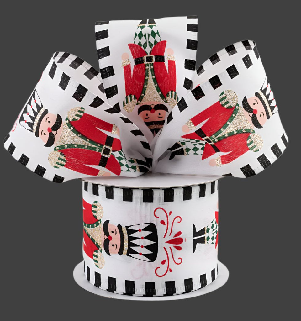 2.5" Satin Nutcracker Dash Edge Ribbon: White, Black, Blue (10 Yards) 76333 - 40 - 21 - White Bayou Wreaths & Supply