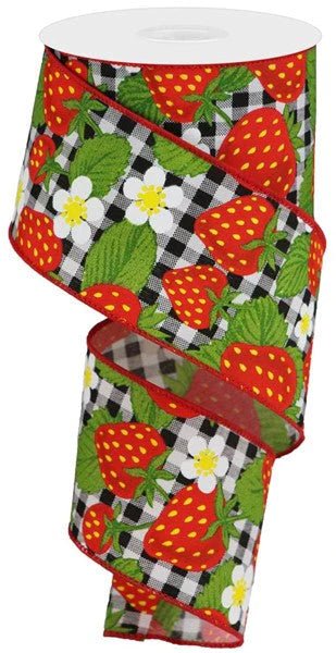 2.5" Strawberries On Check: Black, White, Red (10 Yards) RGA1783X6 - White Bayou Wreaths & Supply