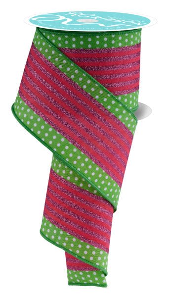 2.5" Vertical Stripe/Polka Dot Edge: Red, Pink, Green (10 Yards) RGF156609 - White Bayou Wreaths & Supply