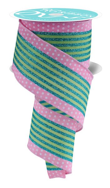 2.5" Vertical Stripe/Polka Dot Edge: Teal, Pink, Green (10 Yards) RGF156615 - White Bayou Wreaths & Supply