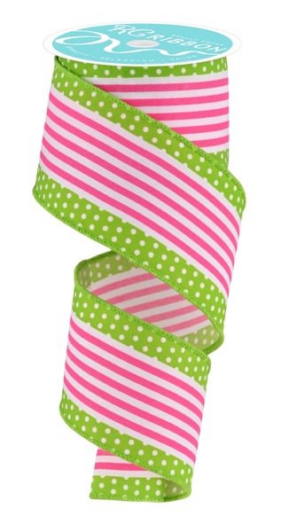 2.5" Vertical Stripe/Polka Dot Edge: White, Hot Pink, Lime (10 Yards) RGF1301AW - White Bayou Wreaths & Supply