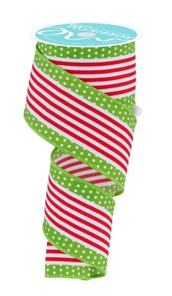 2.5" Vertical Stripe/Polka Dot Edge: White, Red, Lime (10 Yards) RGF1301T9 - White Bayou Wreaths & Supply