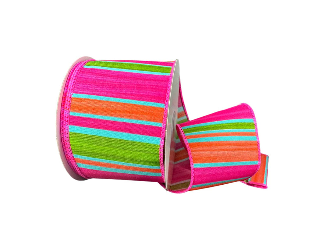 2.5" Watercolor Horizontal Stripes: Fuchsia, Orange, Lime (10 Yards) 41509 - 40 - 46 - White Bayou Wreaths & Supply