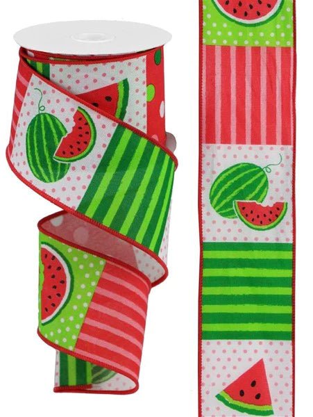 2.5" Watermelon Block/Faux Royal: White, Lt Pink, Green, Blk (10 Yards) RGC1142WT - White Bayou Wreaths & Supply