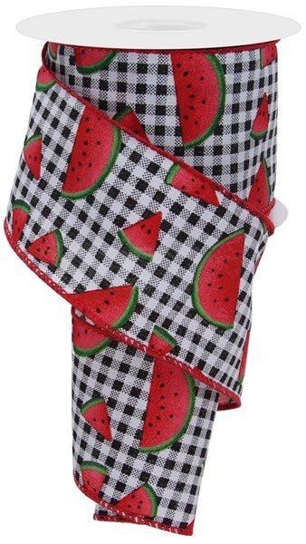 2.5" Watermelon Slice/Gingham: Black, White, Red, Green (10 Yards) RGE1063 - White Bayou Wreaths & Supply