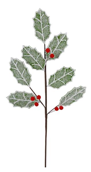 25.5"L Frosted Holly Leaf Spray: Green, White, Red - XS1155 - White Bayou Wreaths & Supply