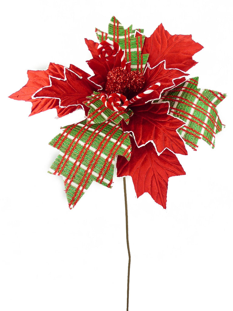 25"H x 17"W Fabric Poinsettia Spray: Red, White, Green - 84609RWG - White Bayou Wreaths & Supply