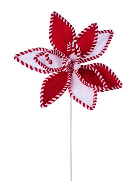 25"L x 13" Dia Velvet/Pompom Poinsettia: Red, White - XS4026 - White Bayou Wreaths & Supply