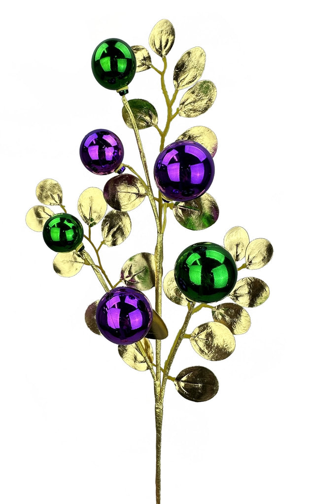 26" Metallic Ball, Eucalyptus Spray: Mardi Gras - 63568MG - White Bayou Wreaths & Supply