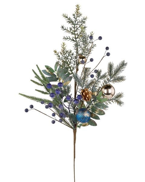 26"L Ball/Berry/Spruce Spray: Blue, Green, Gold - XX8643 - White Bayou Wreaths & Supply