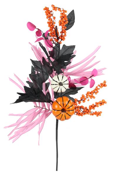 26"L Pumpkin / Berry / Leaf Spray: Orange, Black, Pink, White - HH751522 - White Bayou Wreaths & Supply