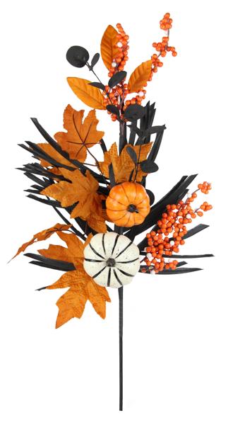 26"L Pumpkin / Berry / Leaf Spray: Orange, Black, White - HH751527 - White Bayou Wreaths & Supply