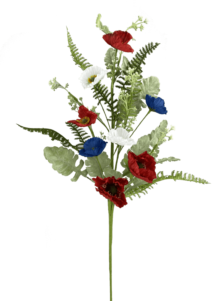 27" Patriotic Poppy Fern Spray: Red, White, Blue - 74204SP27 - White Bayou Wreaths & Supply