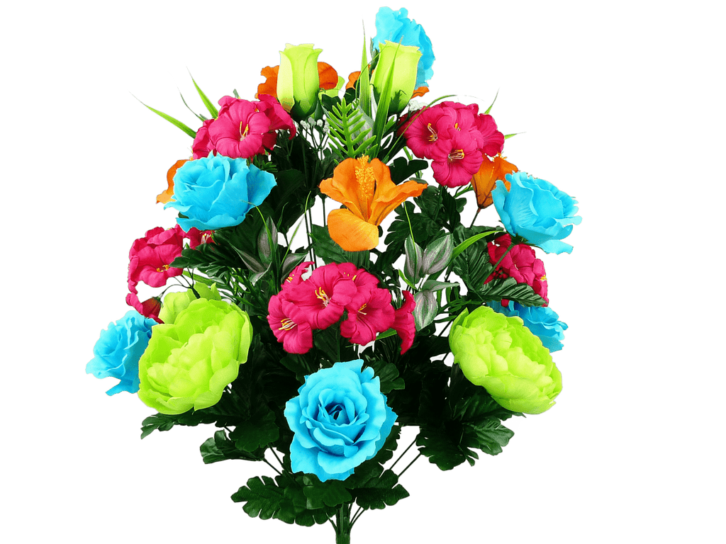 27" Peony, Rose Bud, Petunia, Hibiscus Bush: Aqua, Lime, Pink - 35106AQLMBT - White Bayou Wreaths & Supply