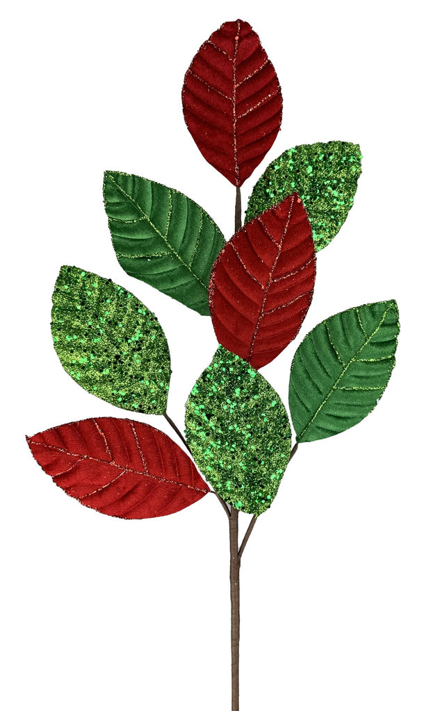 27" Velvet Sequin Leaves Spray: Red, Green - 86079RDGN - White Bayou Wreaths & Supply