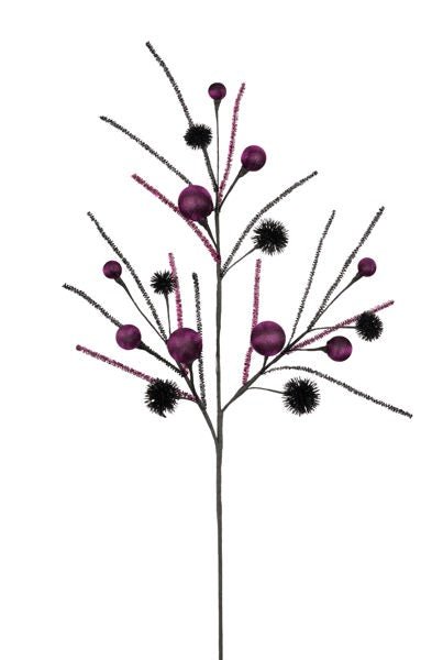 27"L Ball/Tinsel Stem/Thistle Spray: Purple, Black - HH133723 - White Bayou Wreaths & Supply