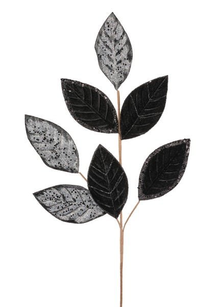 27"L Velvet/Glitter Magnolia Leaf Spray: Black, Silver - XS230202 - White Bayou Wreaths & Supply