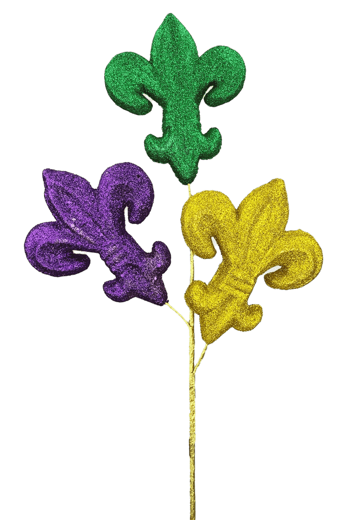 28" Glitter Fleur de Lis Spray: Mardi Gras - 63655MG - White Bayou Wreaths & Supply