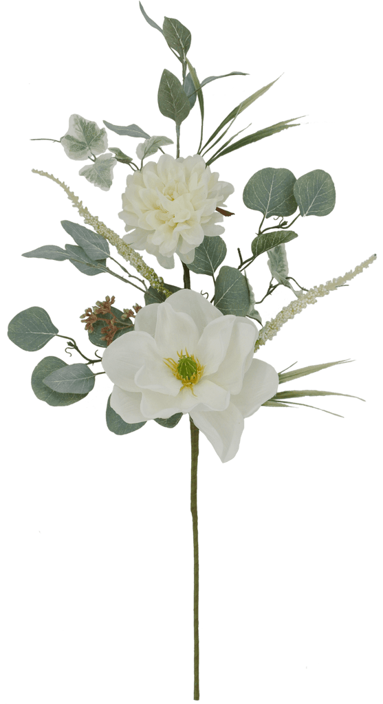 28" Magnolia Dahlia Eucalyptus Spray: White - 83524 - White Bayou Wreaths & Supply