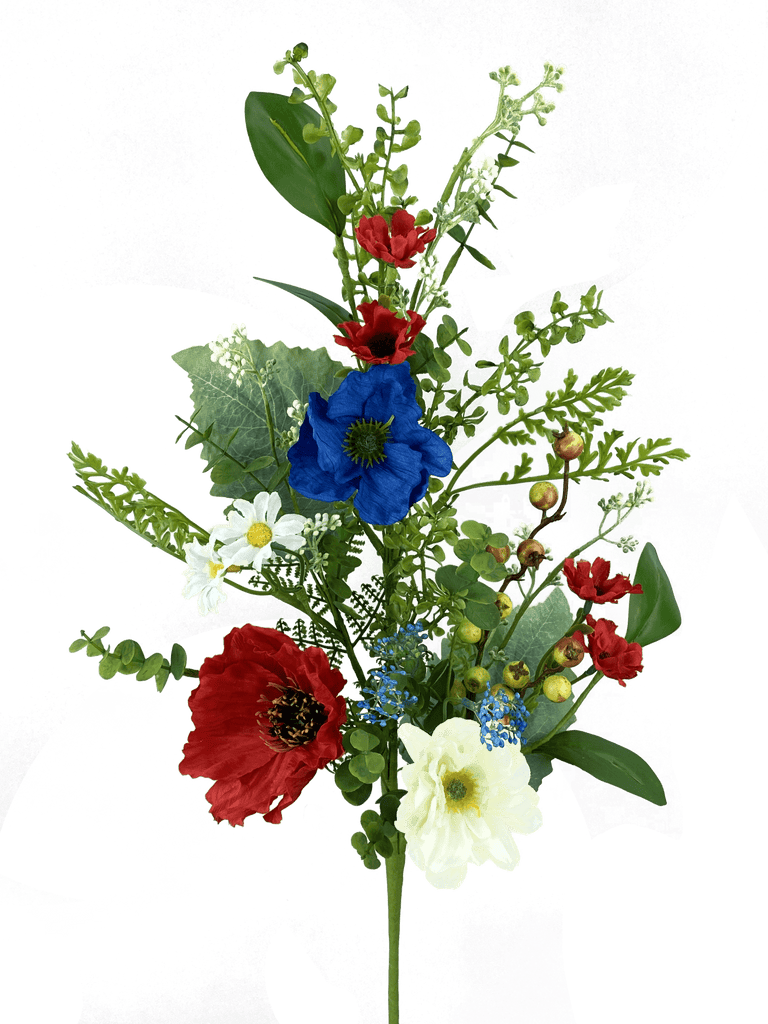 28" Patriotic Poppy Camillia Spray: Red, White, Blue - 74215SP28 - White Bayou Wreaths & Supply