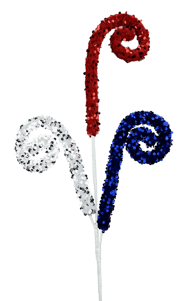 28" Sequin Spiral Curly Spray: Red, White, Blue - 74238RWB - White Bayou Wreaths & Supply