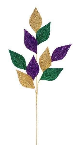 28"L Glitter Leaf Spray: Mardi Gras - HG3274 - White Bayou Wreaths & Supply