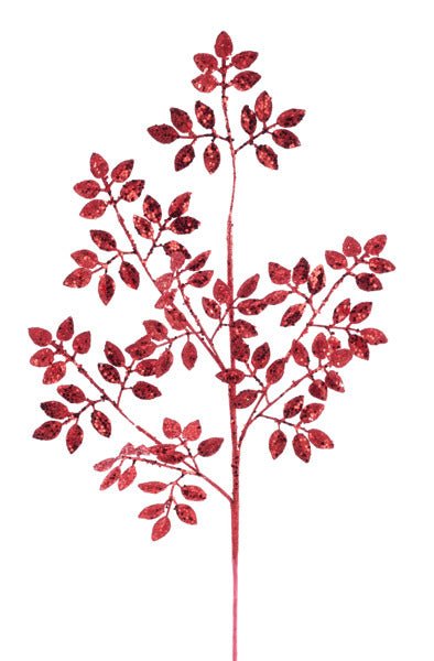 28"L Glitter Leaf Spray: Red - XS226824 - White Bayou Wreaths & Supply