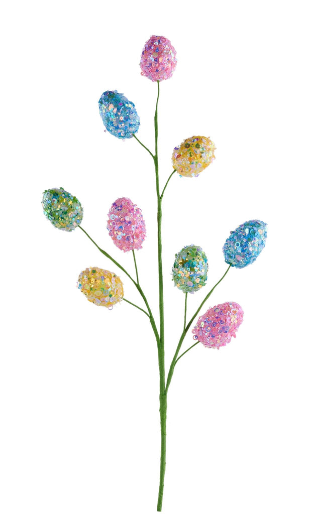 29"L Sequin / Glitter Easter Egg Spray: Pink, Yellow, Green - HE4200 - White Bayou Wreaths & Supply