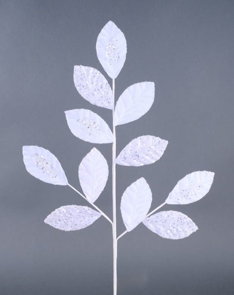 29"L Velvet/Glitter Leaf Spray: White - XS240027 - White Bayou Wreaths & Supply