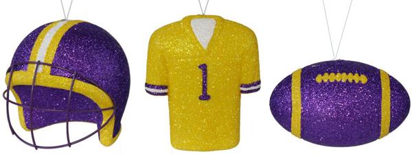 3 Assorted Football/Helmet/Jersey Ornament: Purple, Yellow - MS1302CY - White Bayou Wreaths & Supply