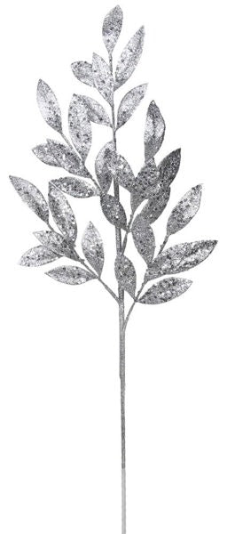 31"L Glitter Bay Leaf Spray: Silver - XS219226 - White Bayou Wreaths & Supply