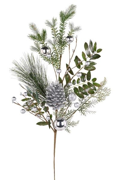 31"L Pine/Pinecone/Eucalyptus Spray: Silver, Green - XX8604 - White Bayou Wreaths & Supply