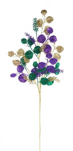 33"L Glitter Leaf/Seed Spray: Mardi Gras - HG3292 - White Bayou Wreaths & Supply