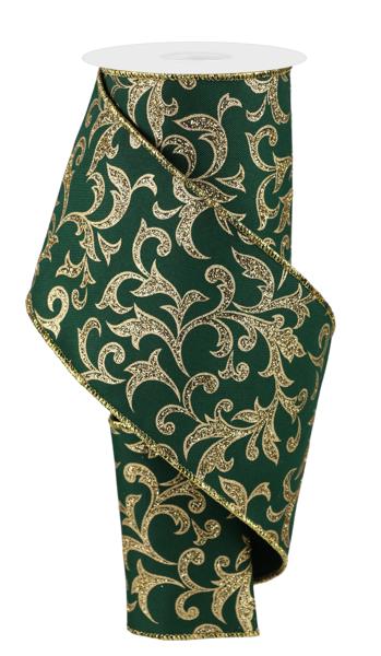 4" Acanthus Leaf Ribbon: Hunter Green, Gold (10 Yards) RGE18443C - White Bayou Wreaths & Supply