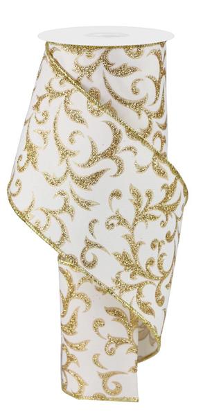 4" Acanthus Leaf Ribbon: Ivory, Gold (10 Yards) RGE184437 - White Bayou Wreaths & Supply