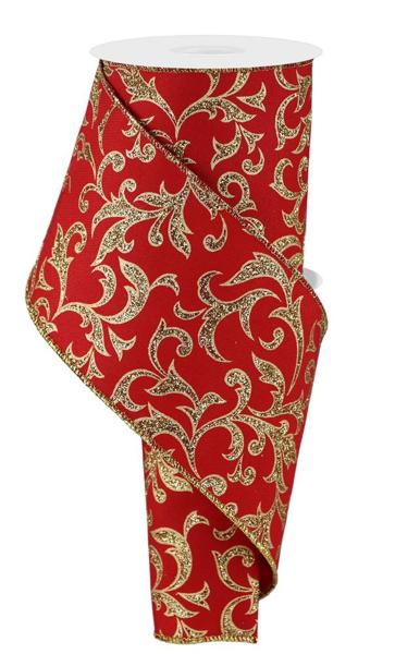 4" Acanthus Leaf Ribbon: Red, Gold (10 Yards) RGE184424 - White Bayou Wreaths & Supply