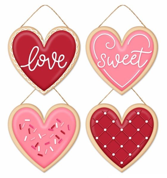 4 Assorted 6"L Frosted Heart Cookie Signs - AP7333 - White Bayou Wreaths & Supply