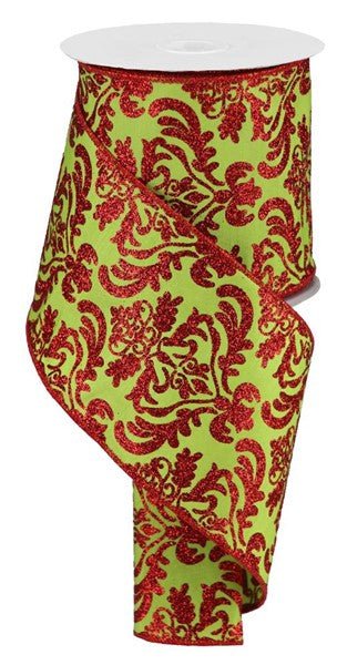 4" Bold Damask/Faux Dupioni: Spring Green, Red (10 Yards) RGB1326TF - White Bayou Wreaths & Supply