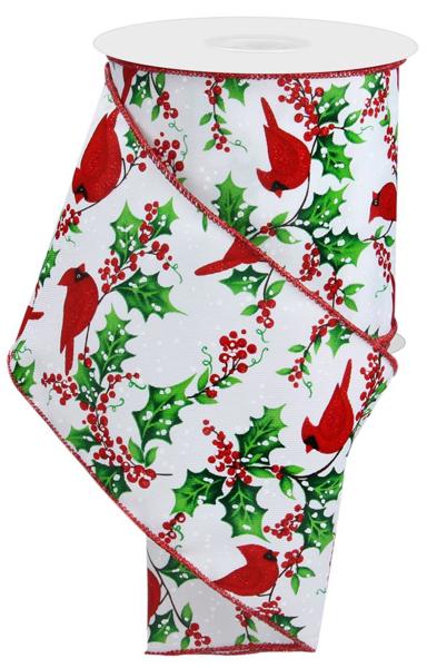 4" Cardinal/Holly/Berries: White, Red, Green (10 Yards) RGE153227 - White Bayou Wreaths & Supply