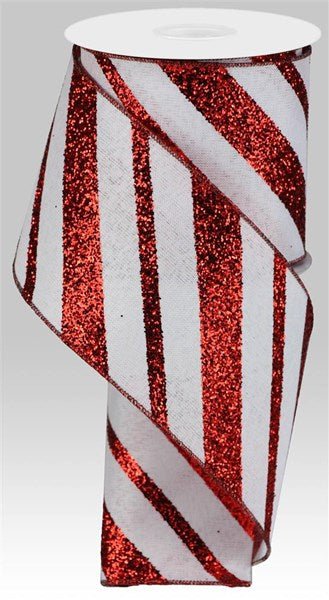 4" Diagonal Glitter On Royal: White, Red (10 Yards) RGA150427 - White Bayou Wreaths & Supply