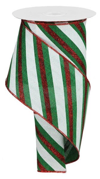 4" Diagonal Glitter Stripe: Emerald Green, White, Red (10 Yards) RGA107706 - White Bayou Wreaths & Supply