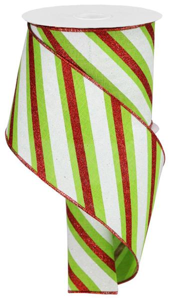 4" Diagonal Glitter Stripe: Lime Green, Red, White (10 Yards) RGA1077E9 - White Bayou Wreaths & Supply