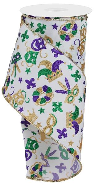 4" Mardi Gras Pattern: White, Mardi Gras (10 Yards) RGE124527 - White Bayou Wreaths & Supply