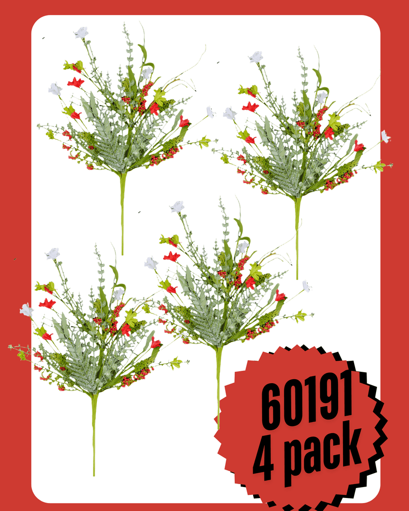 4 - Pack 24"L Fabric Flower/Eva Leaf/Beads Spray: Red, White, Green - White Bayou Wreaths & Supply