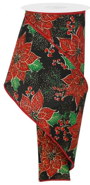 4" Poinsettia/Holly: Black, Red, Green, Gold (10 Yards) RGE189502 - White Bayou Wreaths & Supply