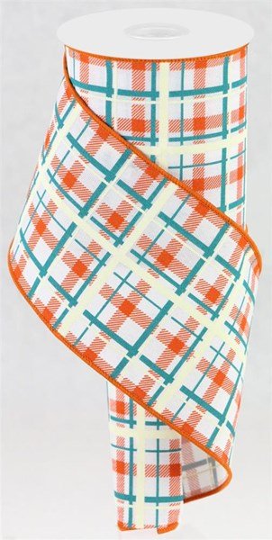 4" Printed Plaid/Royal: White, Dark Orange, Turquoise (10 Yards) RGC154227 - White Bayou Wreaths & Supply