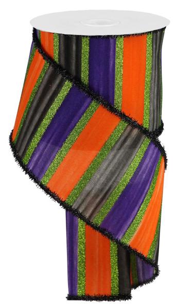 4" Watercolor Stripes/Tinsel: Purple, Black, Orange, Lime (10 Yards) RG08445CN - White Bayou Wreaths & Supply