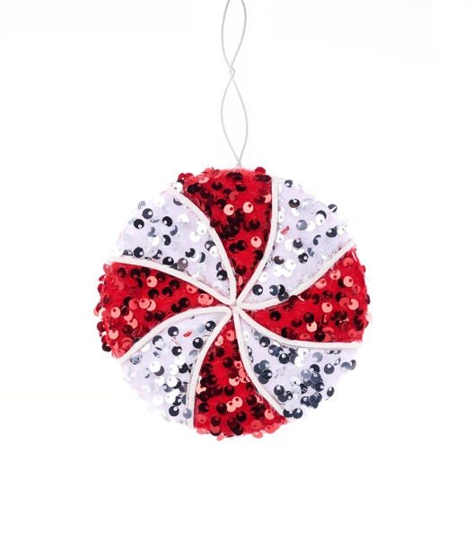 4.75" Dia Sequin Peppermint Ornament: Red, White - XJ537639 - White Bayou Wreaths & Supply