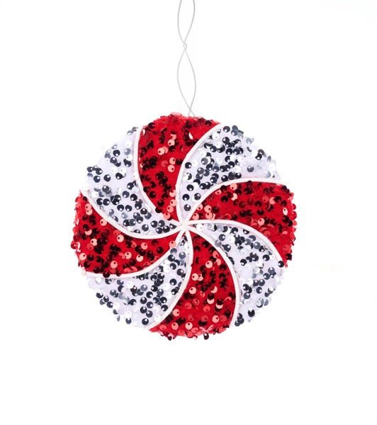 6" Dia Sequin Peppermint Ornament: Red, White - XJ537739 - White Bayou Wreaths & Supply