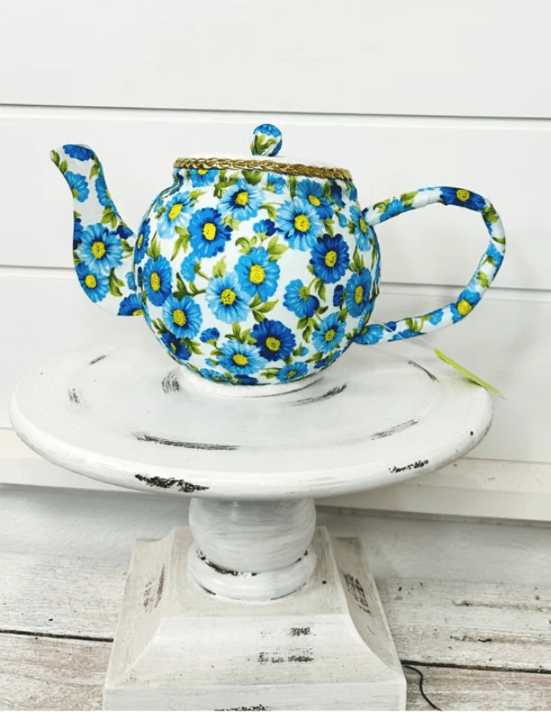 6"H Tea Pot: White, Blue, Gold - 63202BL - White Bayou Wreaths & Supply